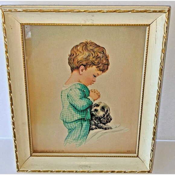 Praying Child with Puppy Vintage Framed Art Card 1958 Issue Donald Art Company - Picture 1 of 6